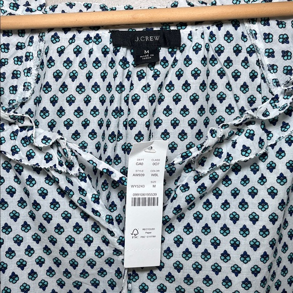 J.Crew Tie-front Ruffle Top in Blue Ribbon Block Print Organic Cotton NWT Medium - Picture 3 of 10